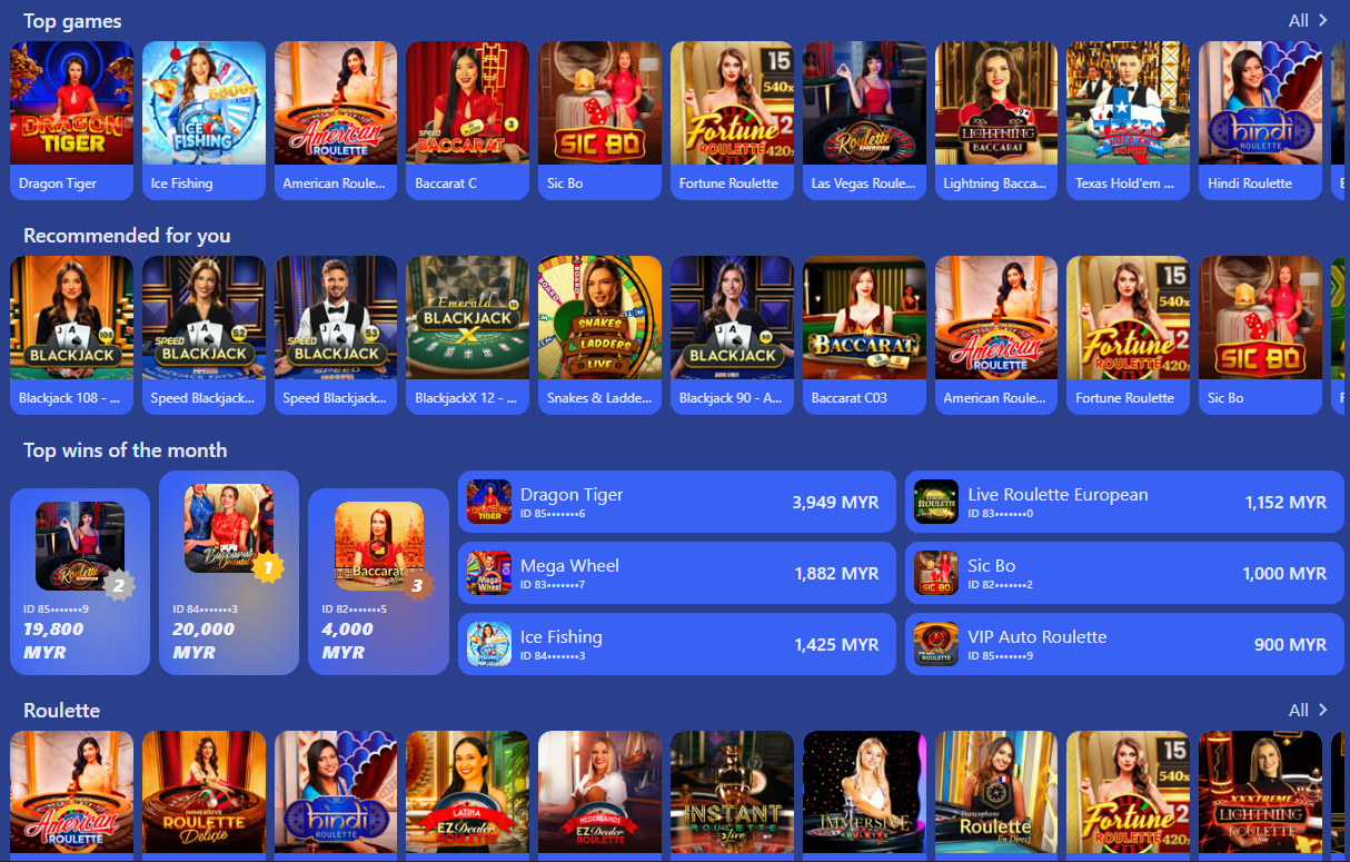 Lobi kasino langsung menunjukkan meja dealer, had meja dan kategori permainan untuk pemilihan pantas