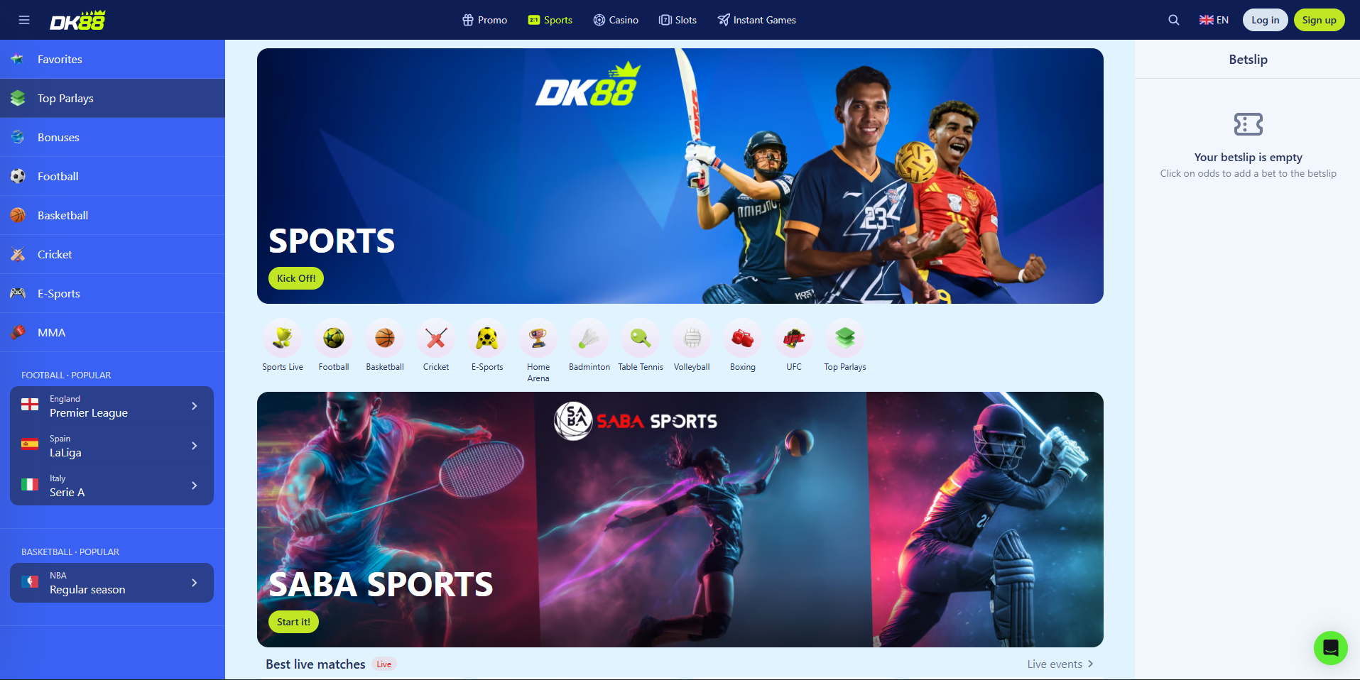 Halaman sportsbook dengan senarai acara, pasaran pertaruhan dan panel slip pertaruhan di Dash King 88